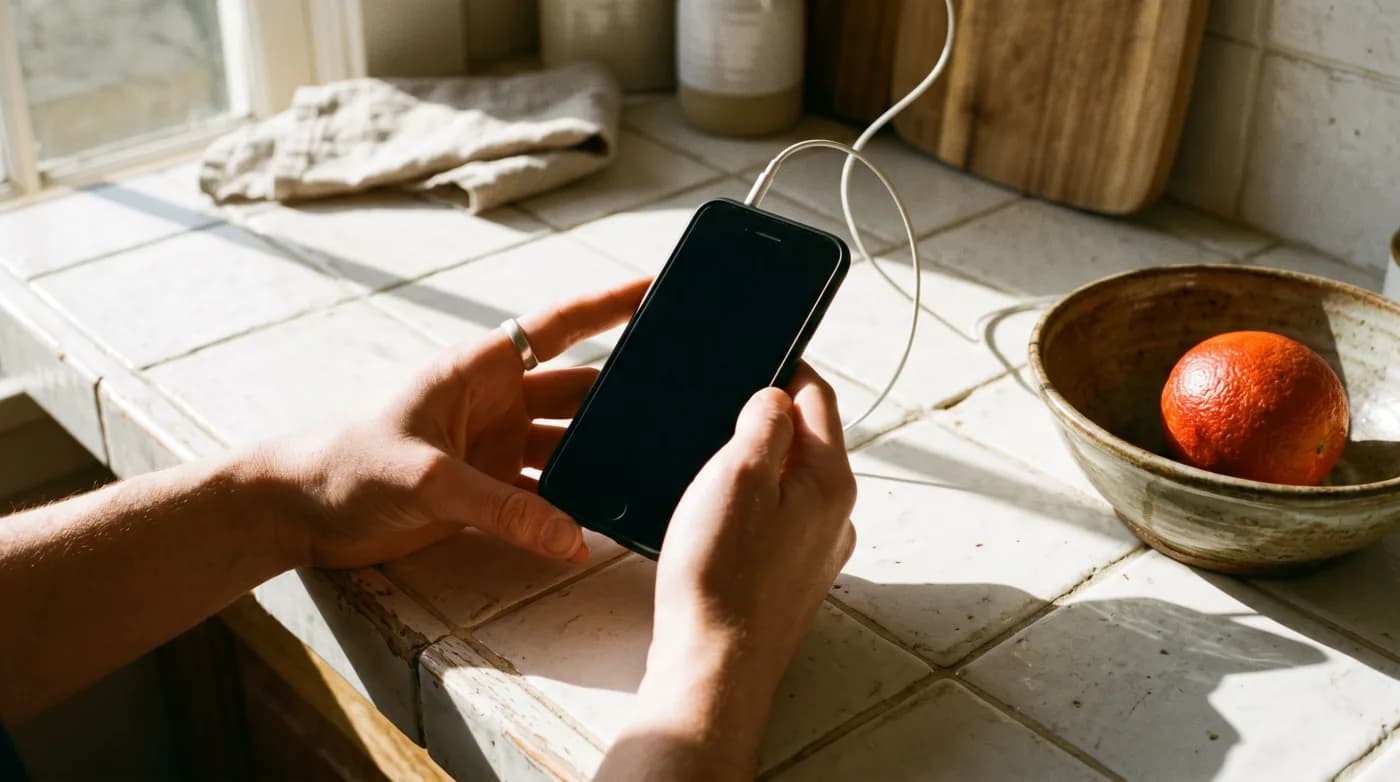 Someone listening to a voice note with earbuds at a kitchen bench