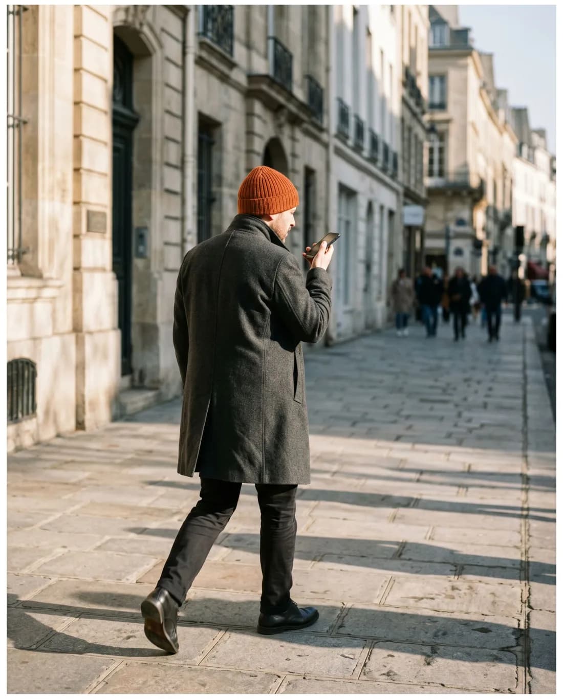 Someone recording a voice note on their phone while walking down a city street